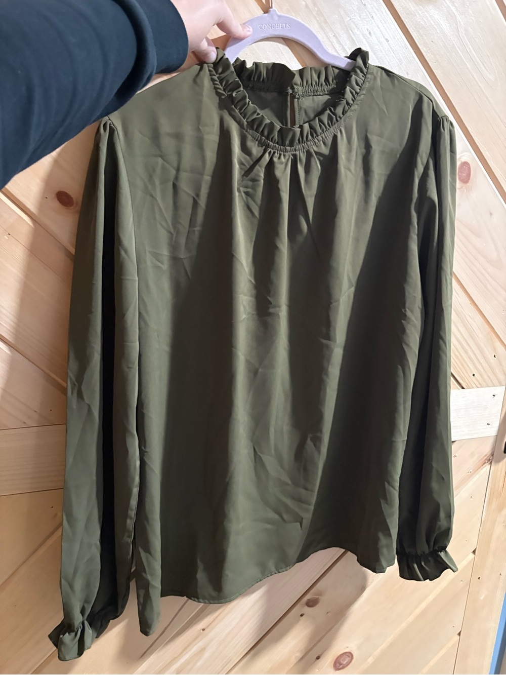 Women’s Olive Ruffle Neck Long Sleeve Blouse